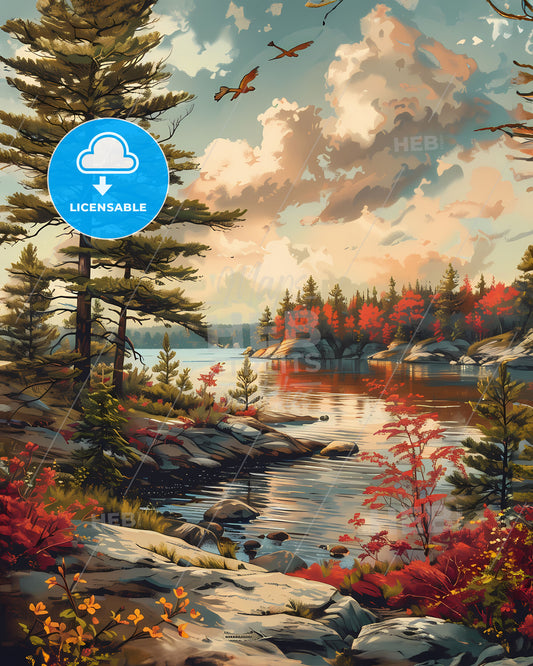 Vibrant Landscape Painting: Tranquil Lake and Forest Hues in Ontario Canada