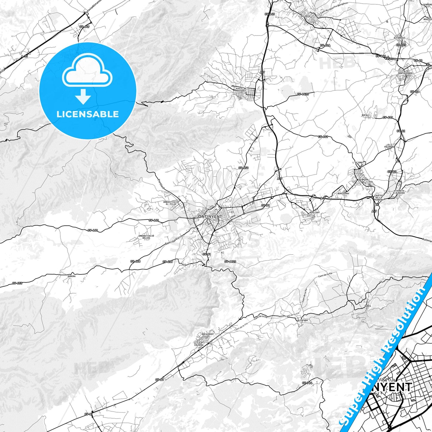 Ontinyent, Spain light map with streetnames, citynames and districts