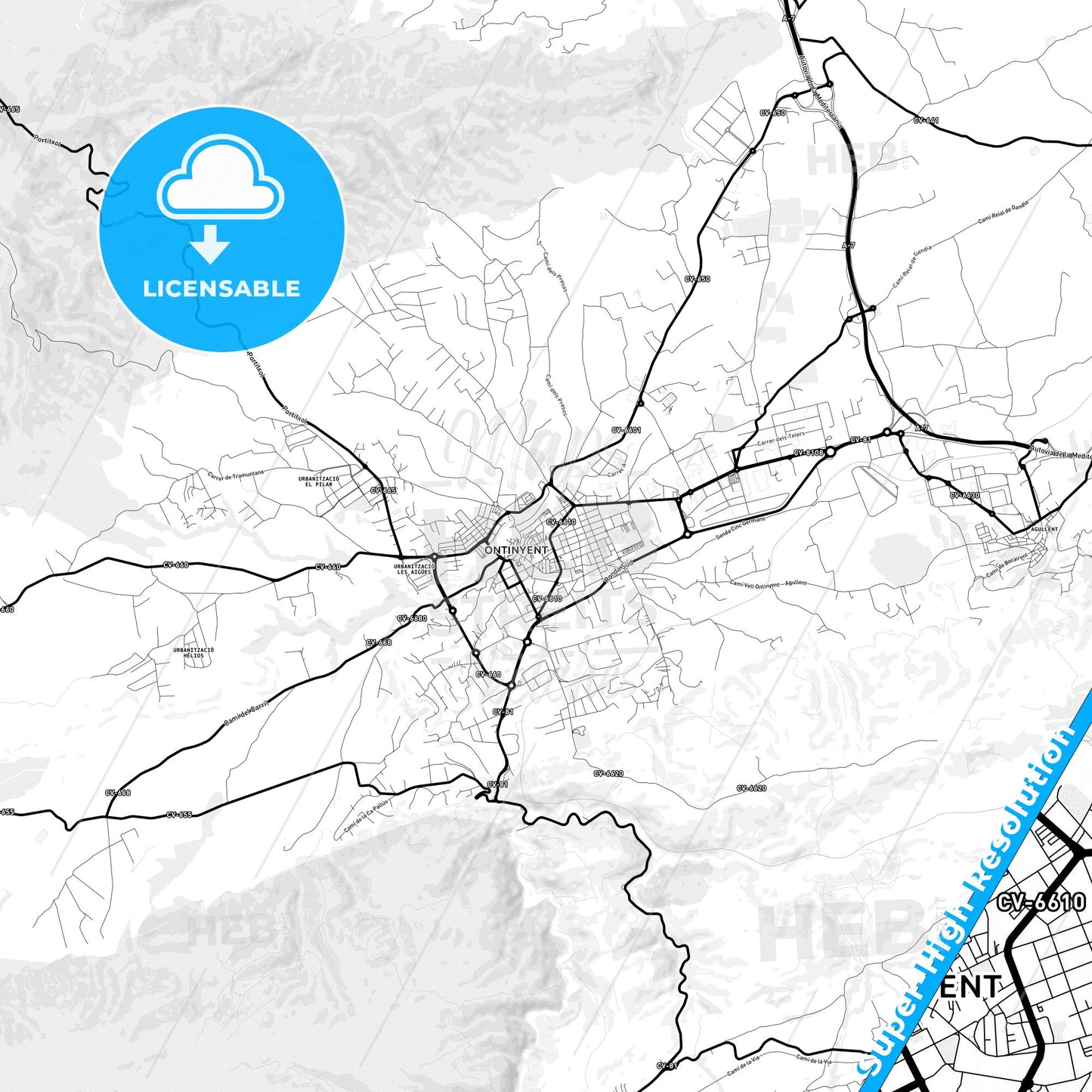 Ontinyent, Spain Light Map with Street Names, City Names, and Districts