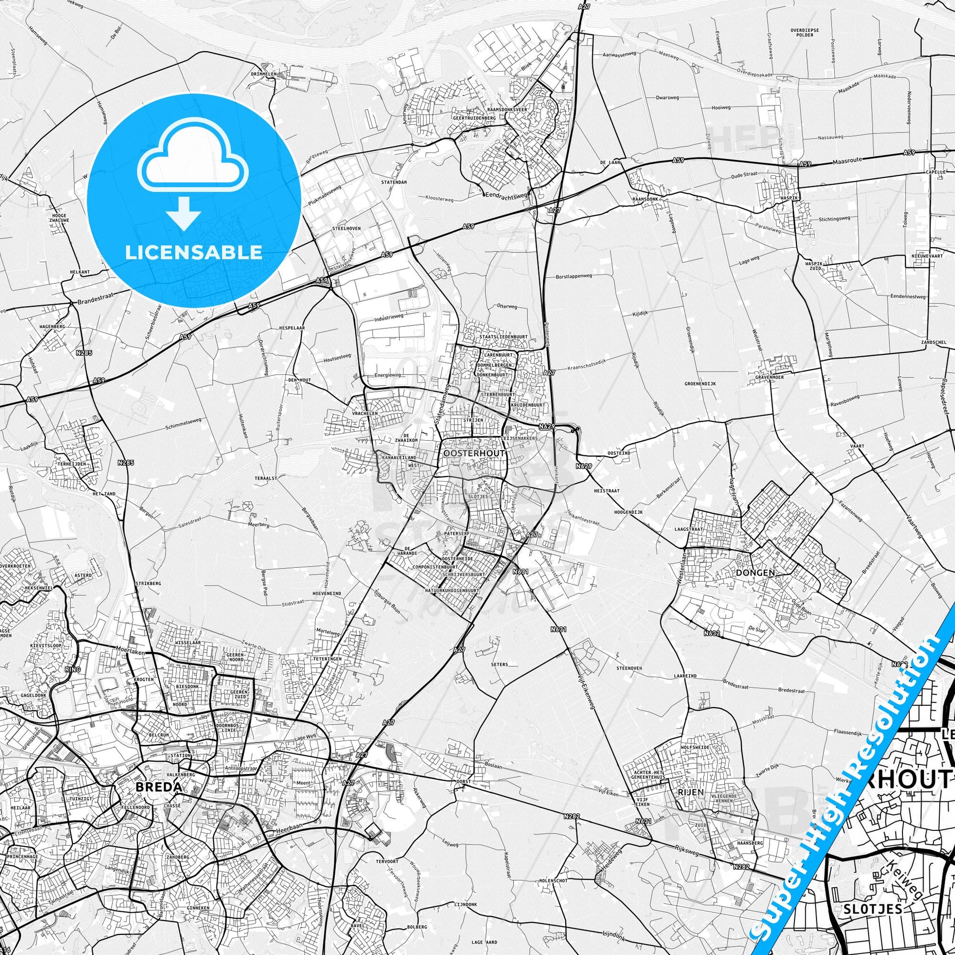 Oosterhout, Netherlands light map with streetnames, citynames and districts