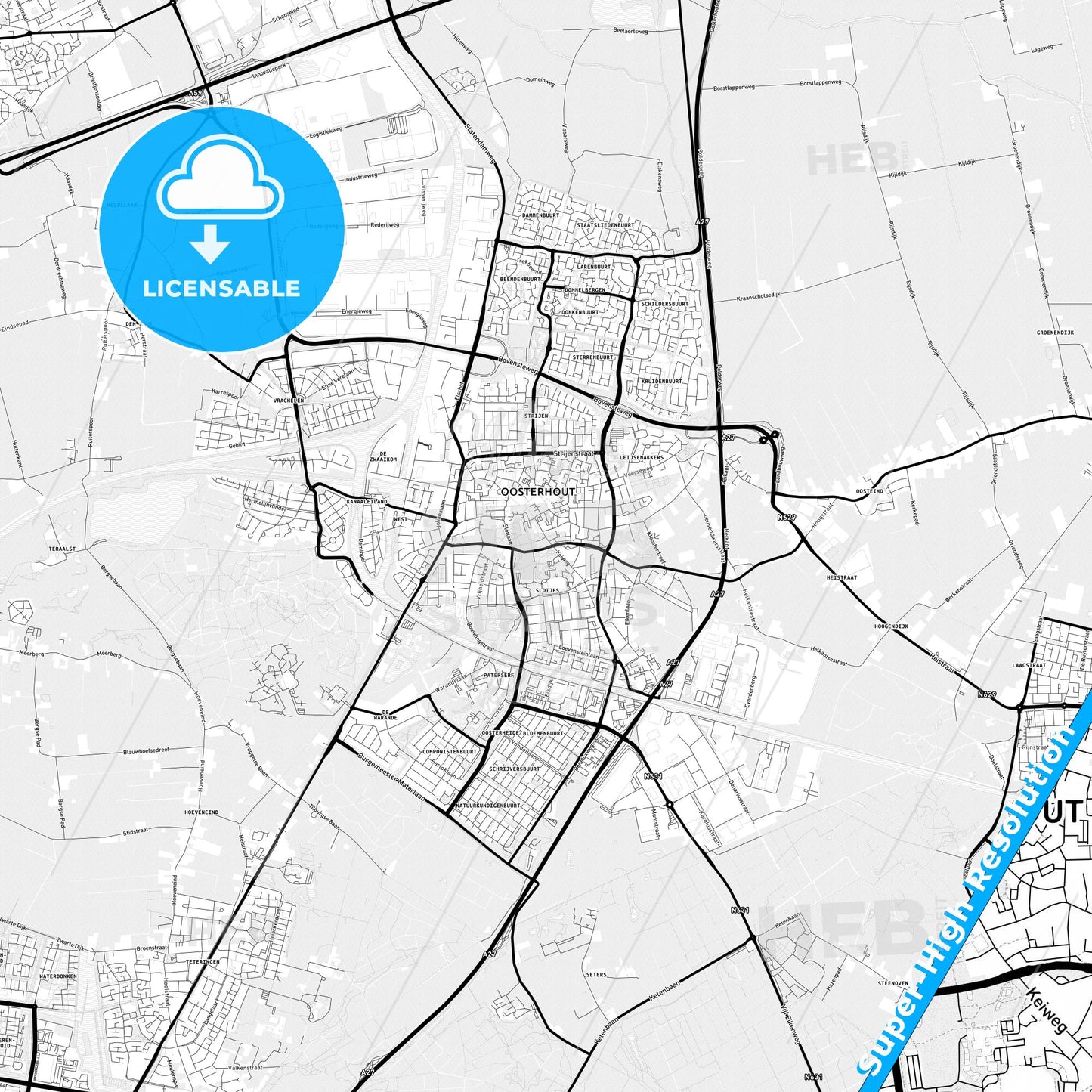 Oosterhout, Netherlands Light Map with Street Names, City Names, and Districts