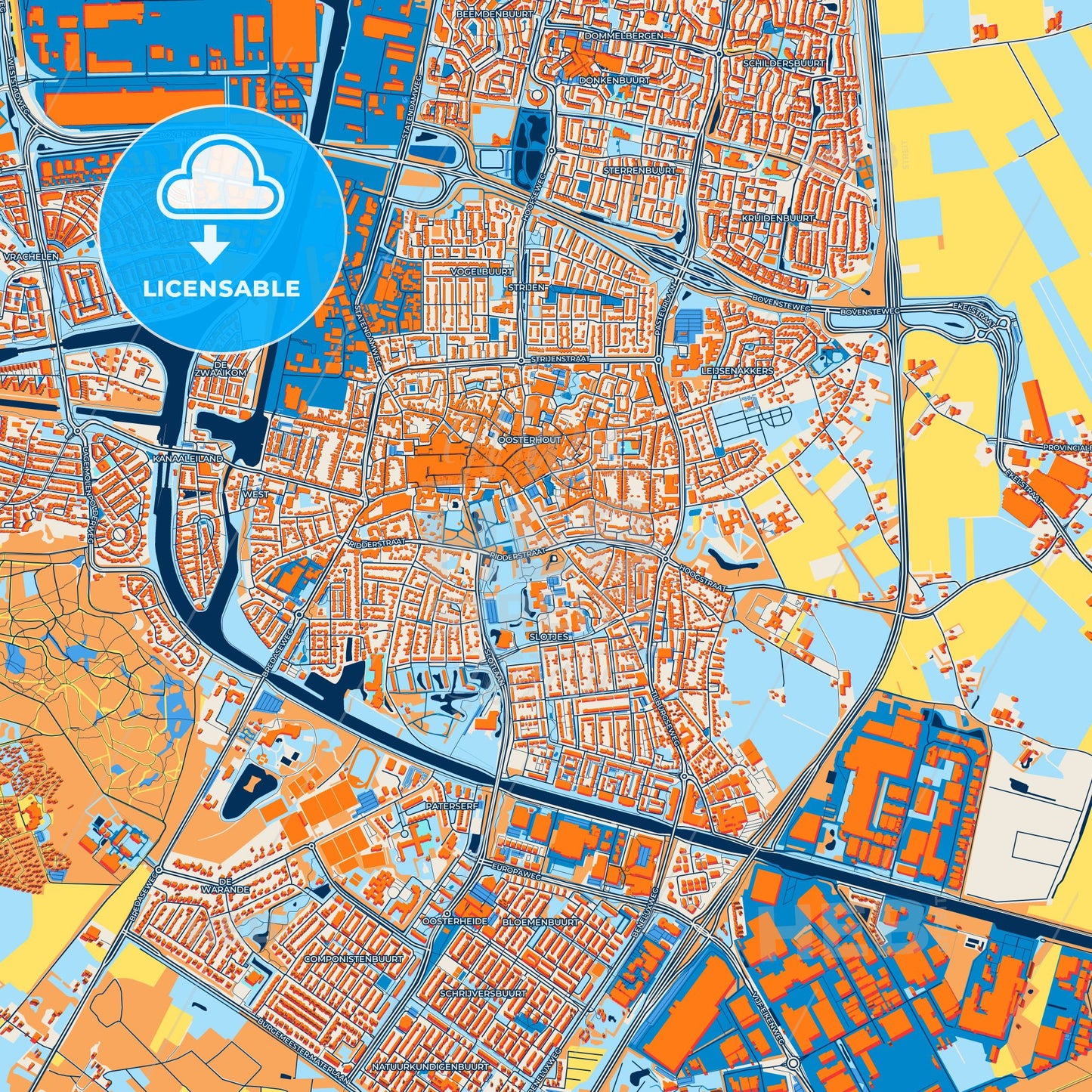 Colorful Oosterhout Street Map with Labels and Buildings