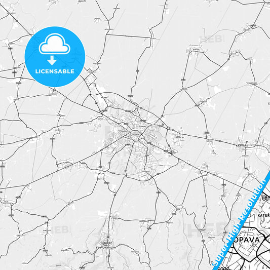 Opava, Czechia light map with streetnames, citynames and districts