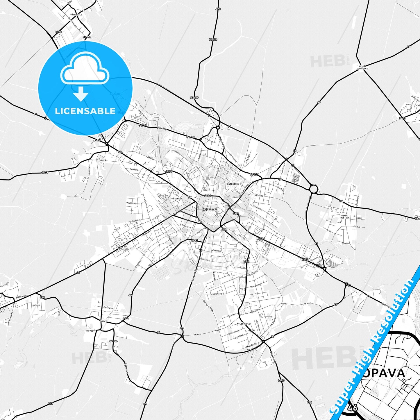 Opava, Czechia Light Map with Street Names, City Names, and Districts