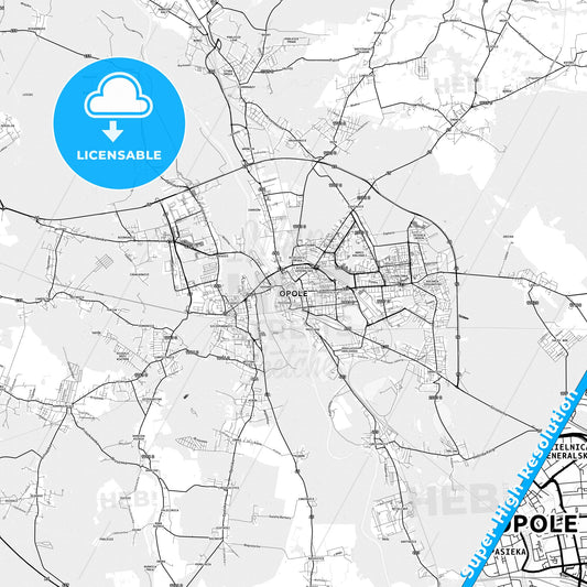Opole, Poland light map with streetnames, citynames and districts