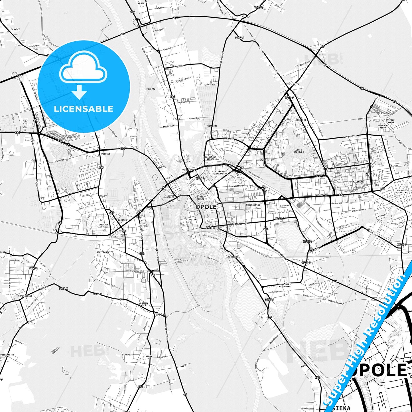 Opole, Poland Light Map with Street Names, City Names, and Districts