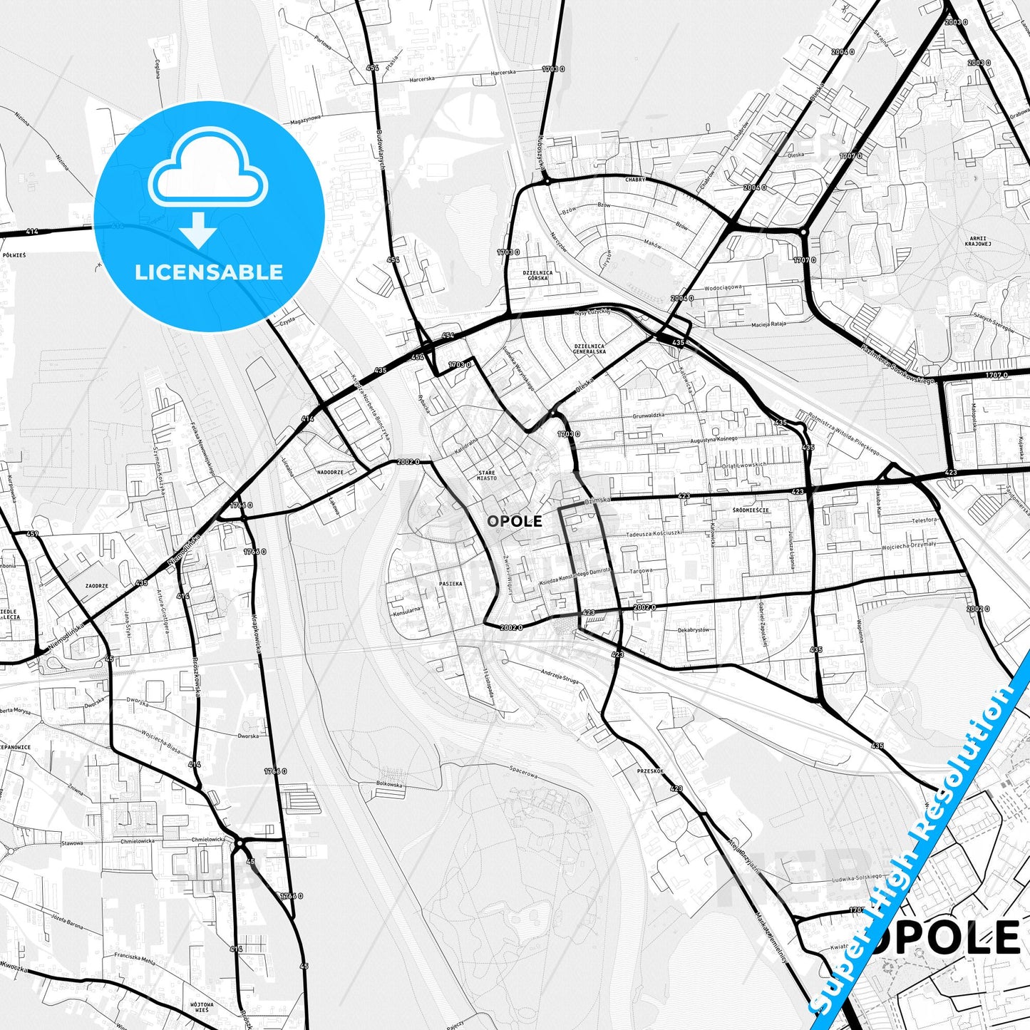 Opole, Poland Light Map with Street Names, City Names, and Districts