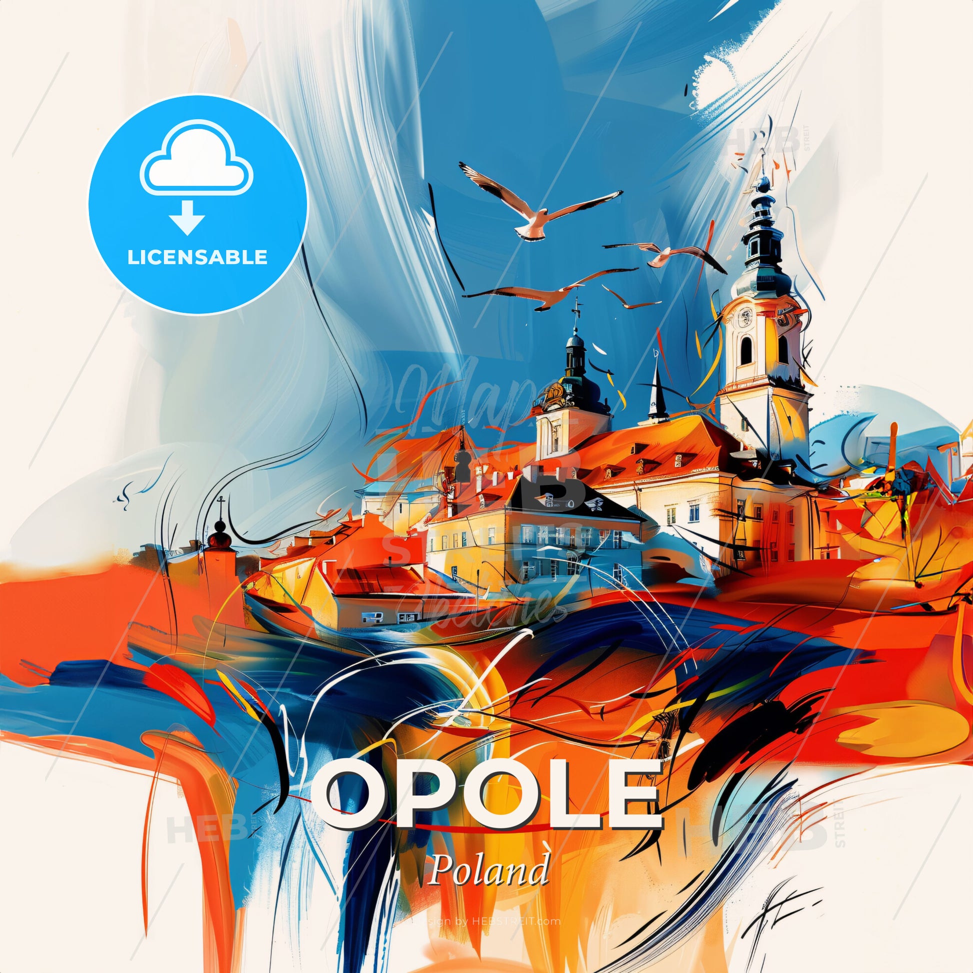 Vibrant Opole, Poland - A Painting Of A Town With Birds Flying - Square format print template