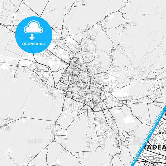 Oradea, Romania light map with streetnames, citynames and districts