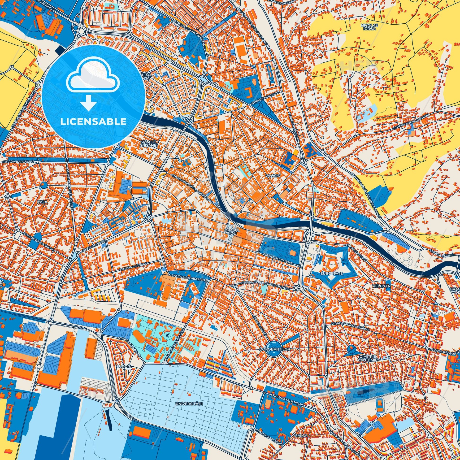 Colorful Oradea Street Map with Labels and Buildings