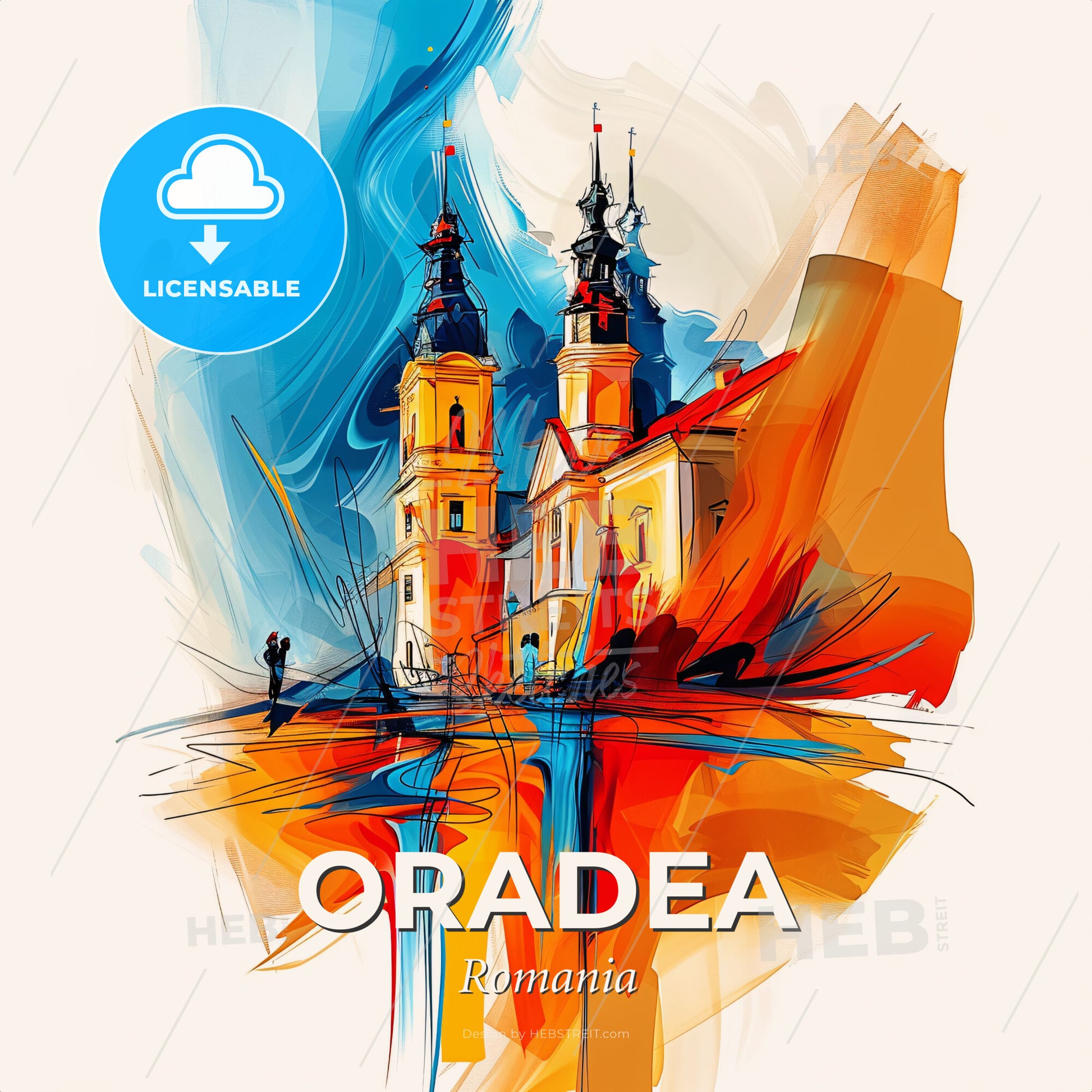 Vibrant Oradea, Romania - A Painting Of A Building With Towers - Square format print template