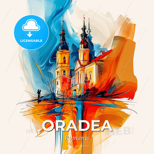 Vibrant Oradea, Romania - A Painting Of A Building With Towers - Square format print template