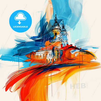 Vibrant Oradea, Romania - A Painting Of A Building With A Colorful Brushstroke