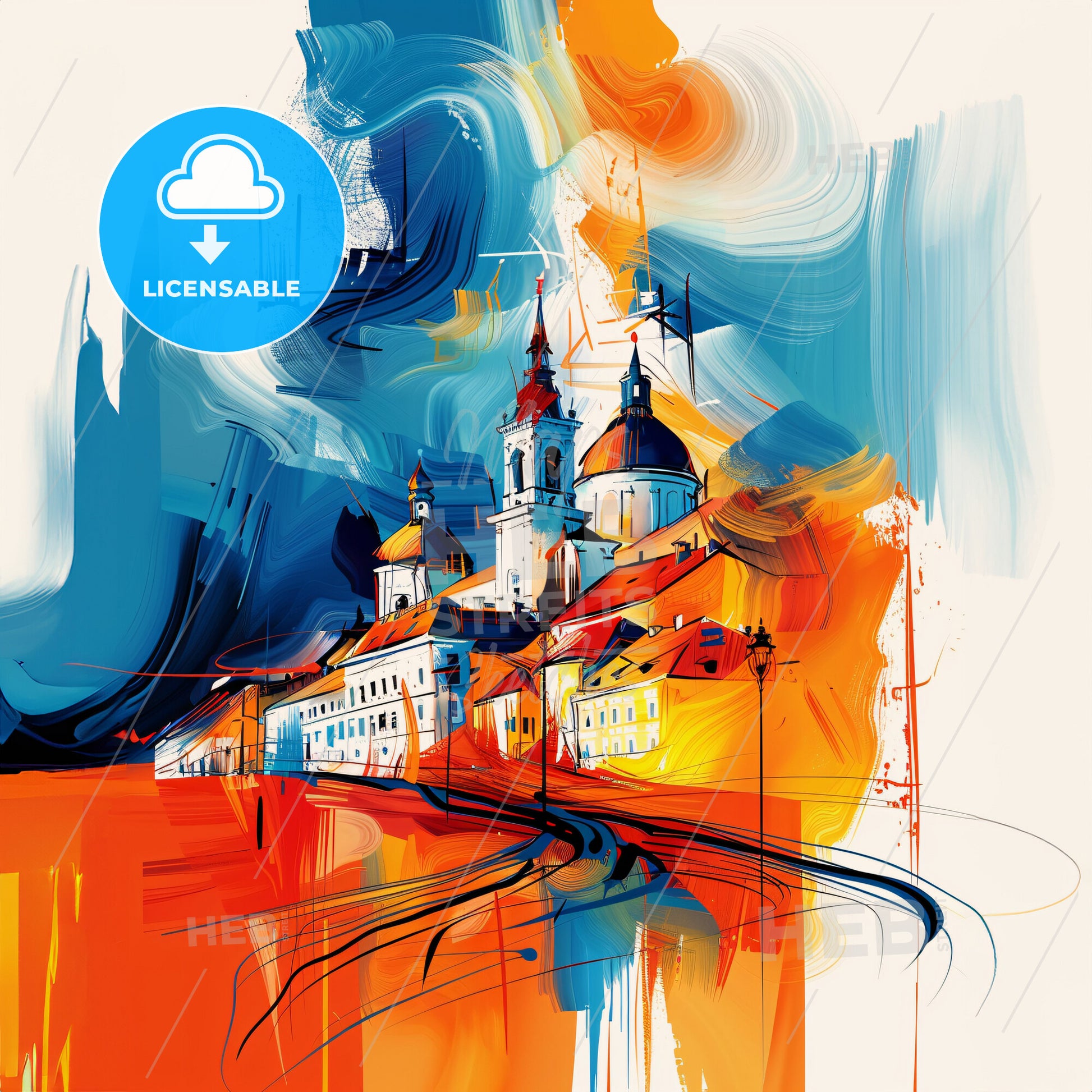 Vibrant Oradea, Romania - A Painting Of A Building With A Steeple