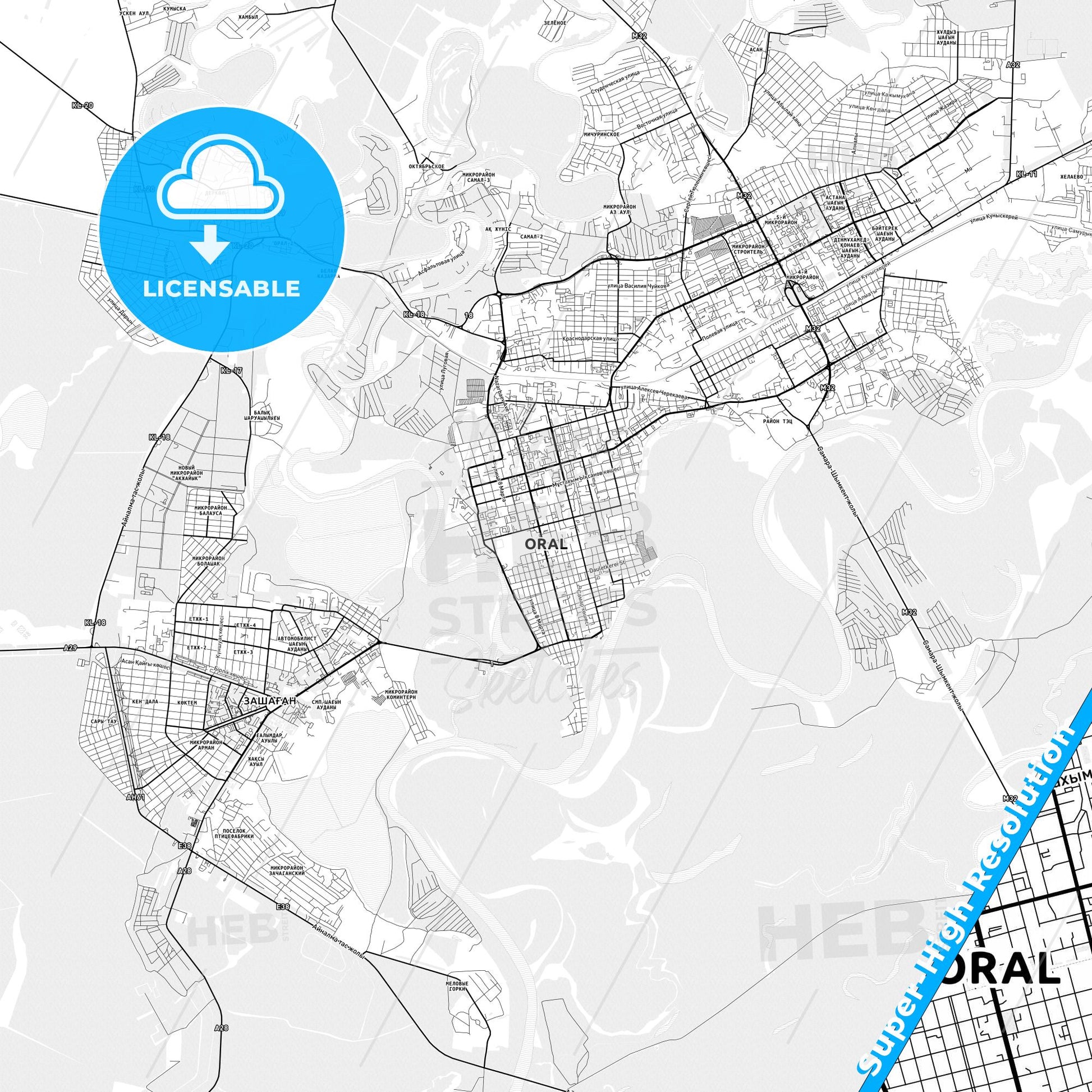 Oral, Kazakhstan light map with streetnames, citynames and districts