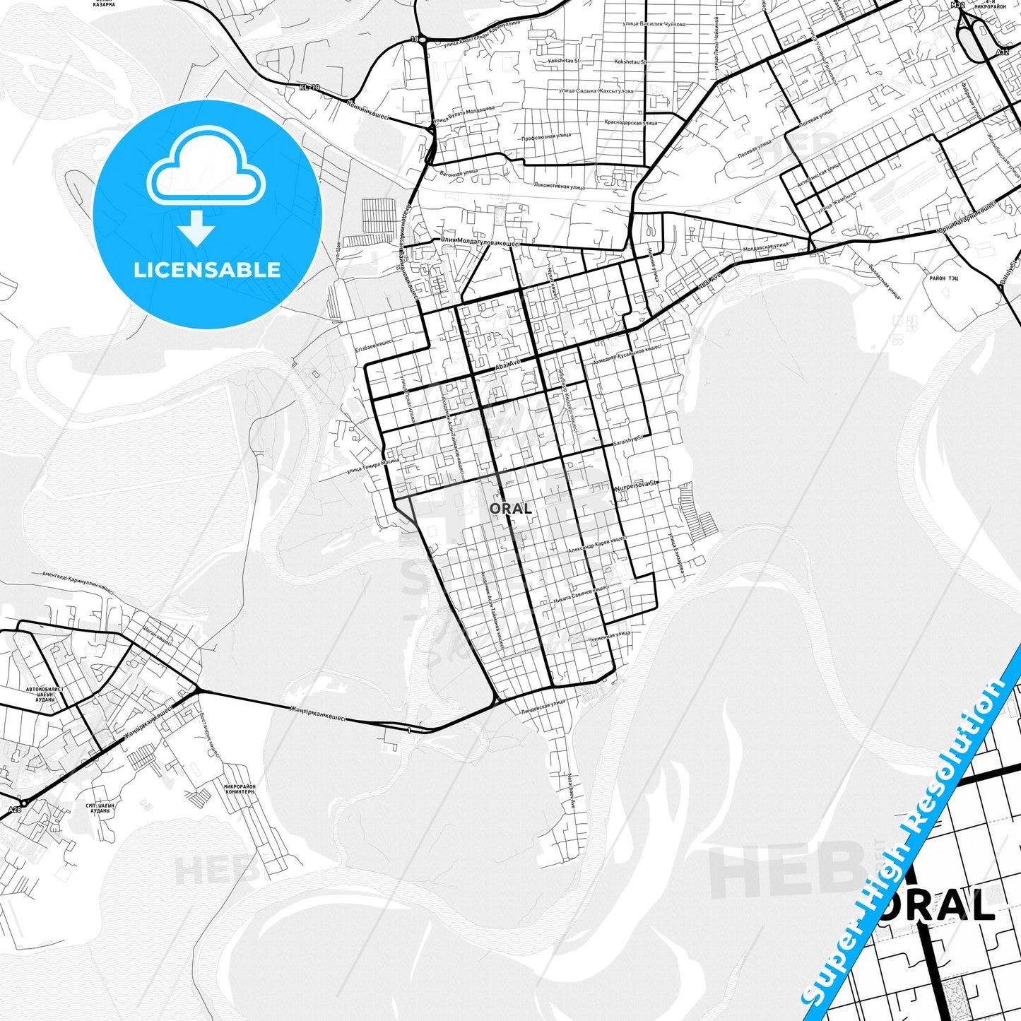 Oral, Kazakhstan Light Map with Street Names, City Names, and Districts