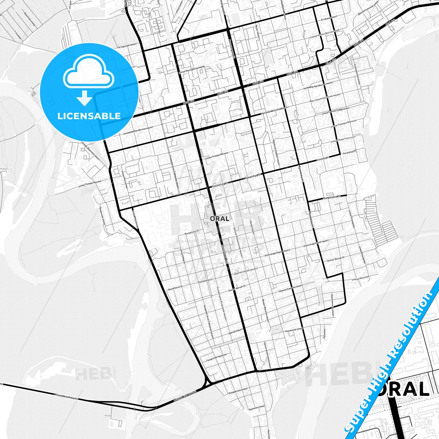 Oral, Kazakhstan Light Map with Street Names, City Names, and Districts