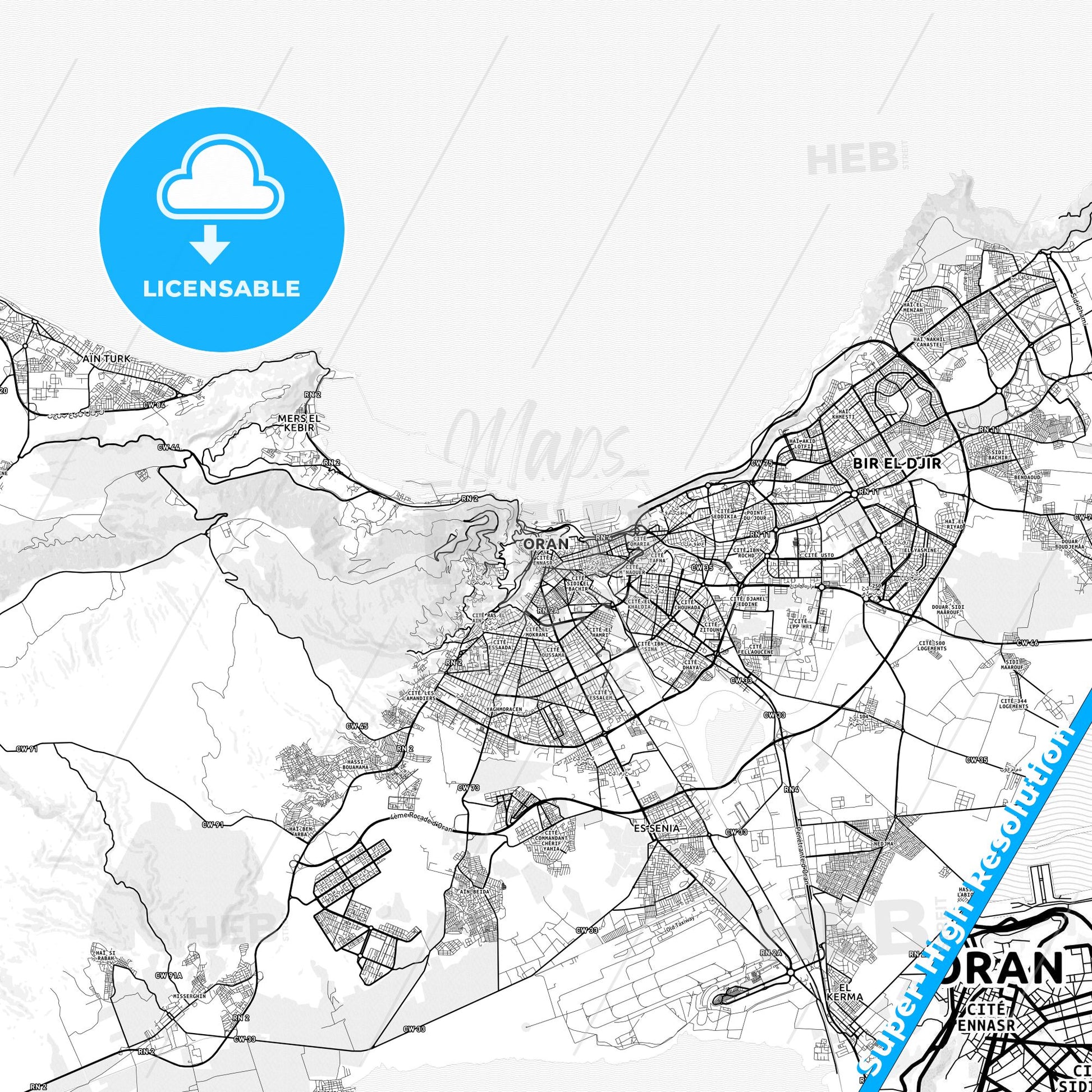 Oran, Algeria light map with streetnames, citynames and districts