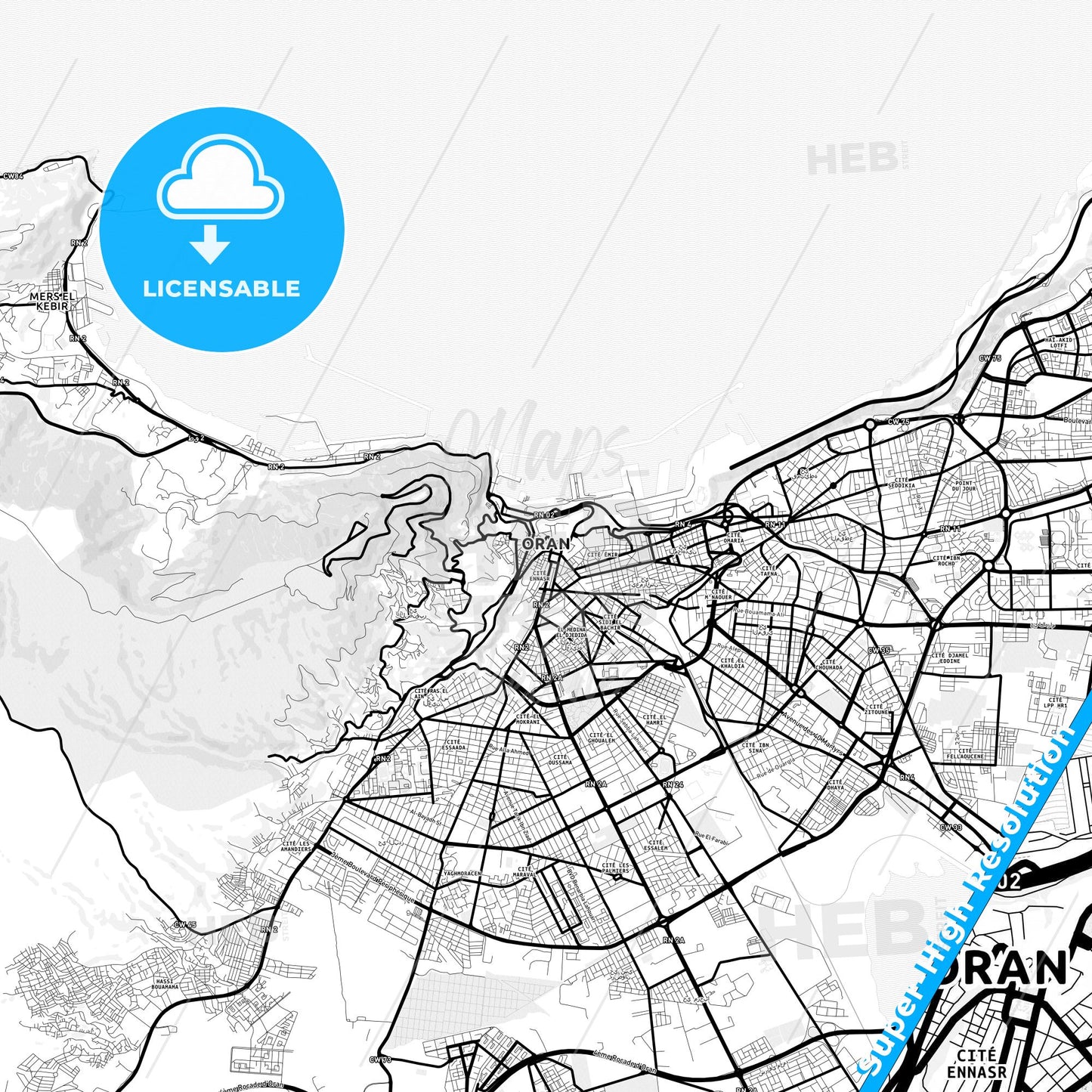 Oran, Algeria Light Map with Street Names, City Names, and Districts