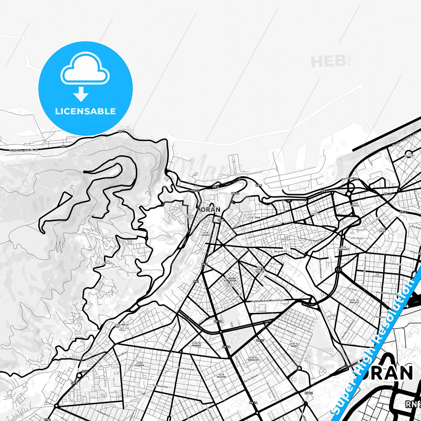 Oran, Algeria Light Map with Street Names, City Names, and Districts