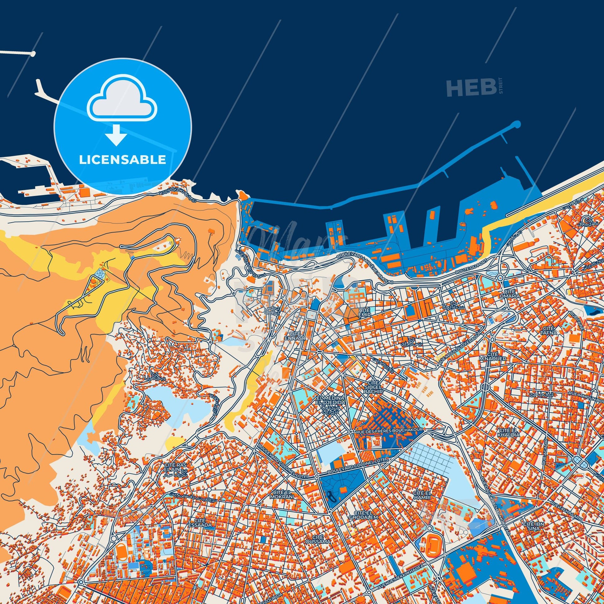 Colorful Oran Street Map with Labels and Buildings