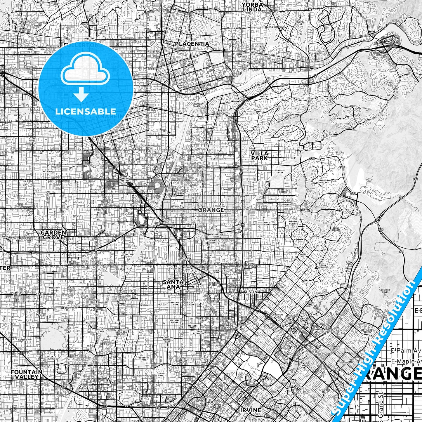 Orange, California light map with streetnames, citynames and districts