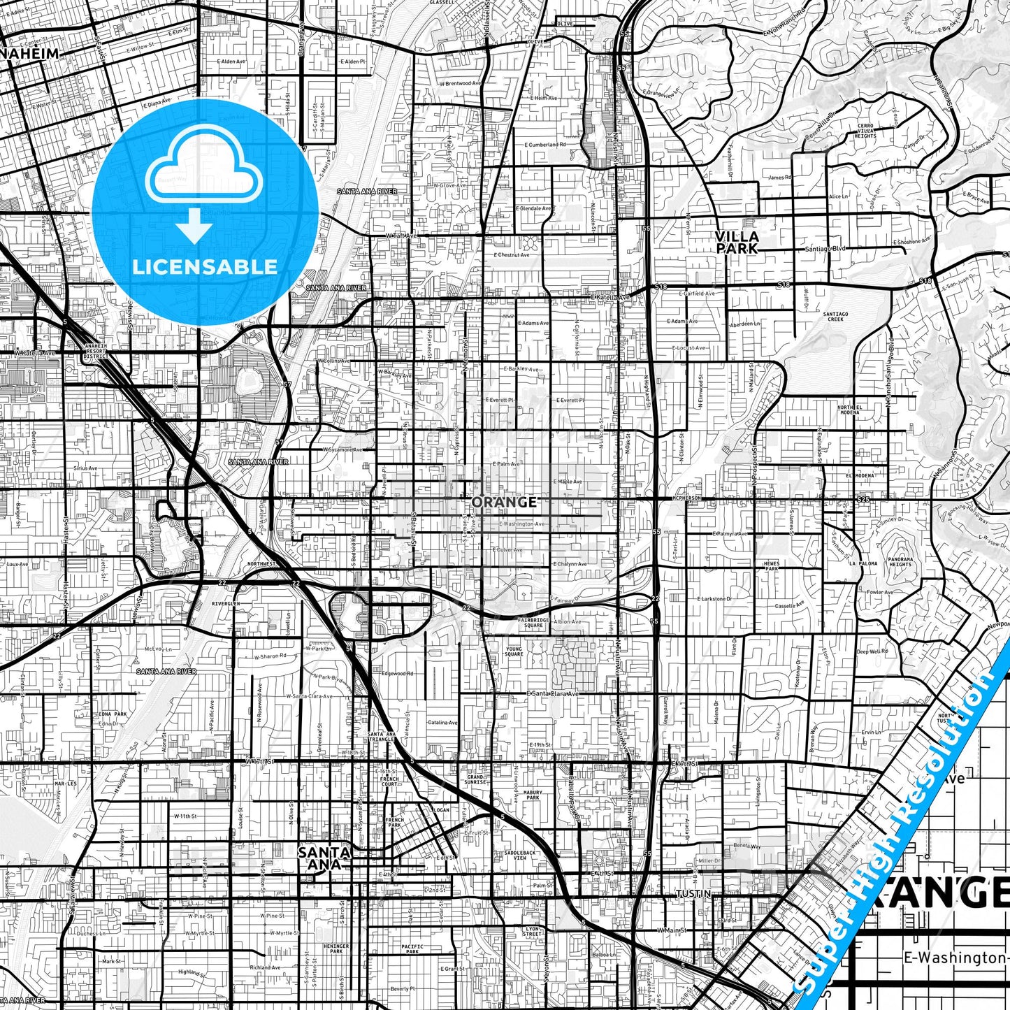 Orange, California Light Map with Street Names, City Names, and Districts