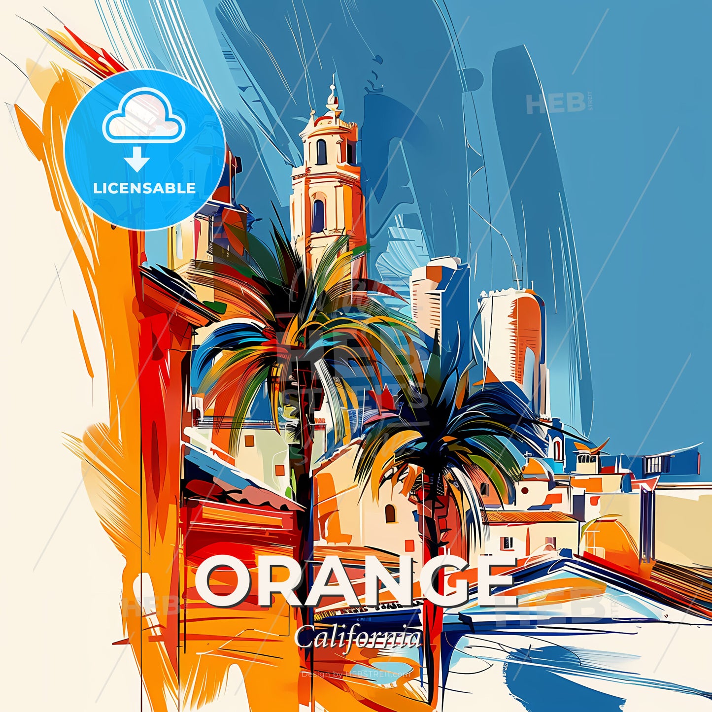 Vibrant Orange, California - A Painting Of A City With Palm Trees - Square format print template