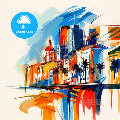 Vibrant Orange, California - A Colorful Cityscape With Buildings And Palm Trees