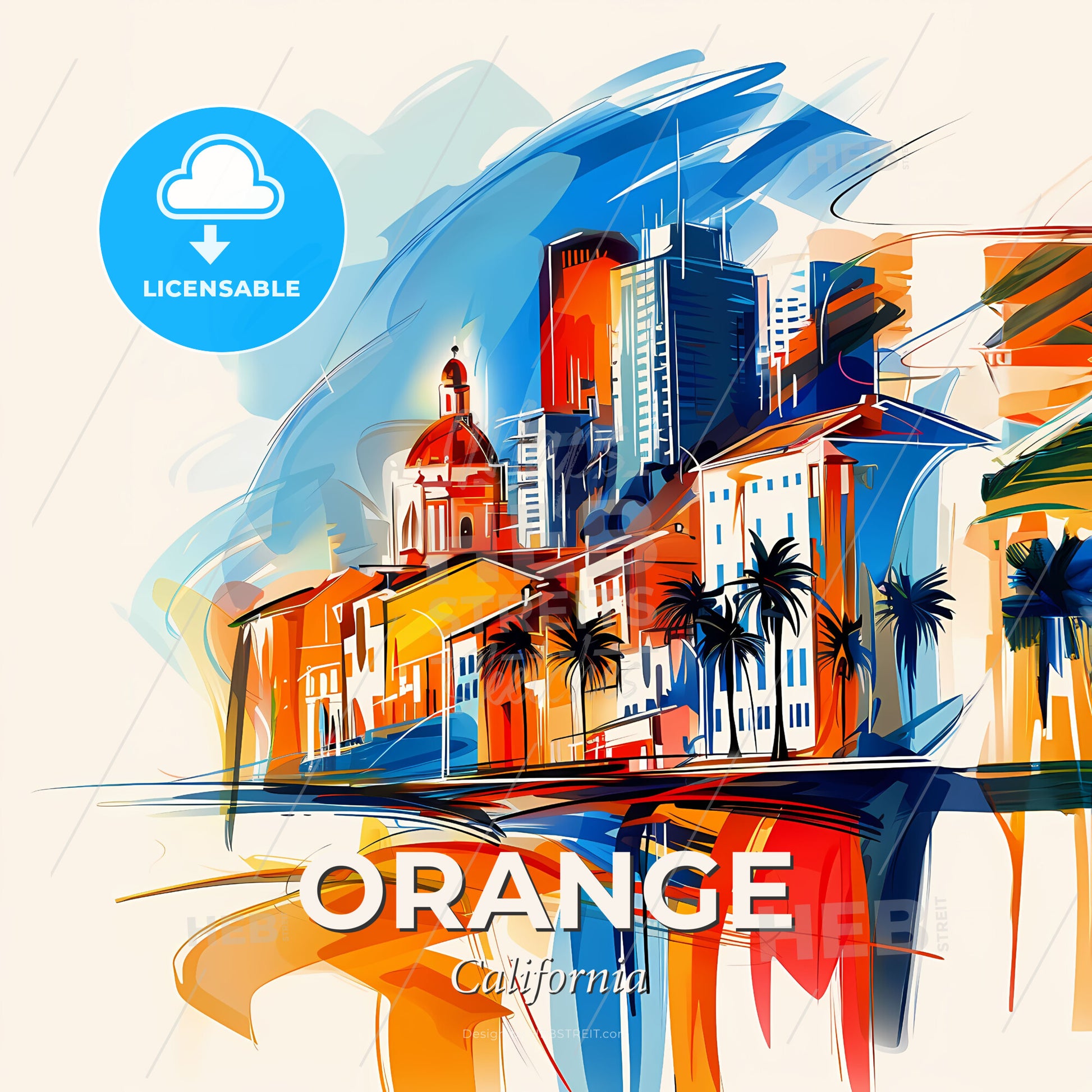 Vibrant Orange, California - A Colorful Cityscape With Buildings And Palm Trees - Square format print template