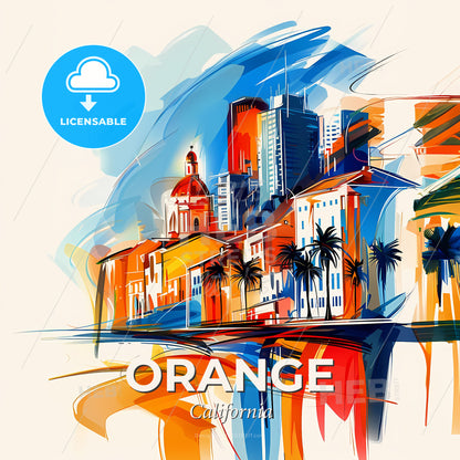 Vibrant Orange, California - A Colorful Cityscape With Buildings And Palm Trees - Square format print template