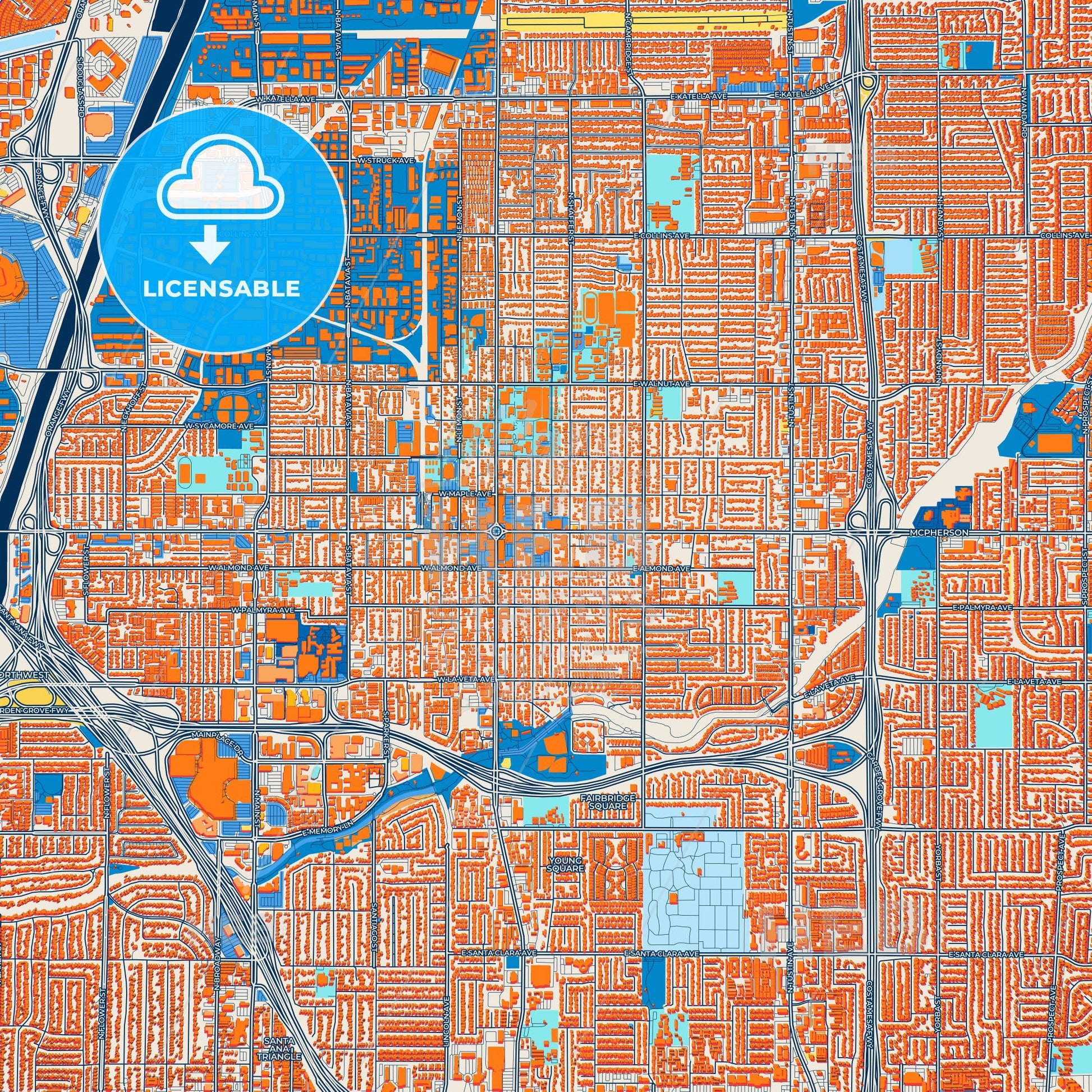 Colorful Orange Street Map with Labels and Buildings