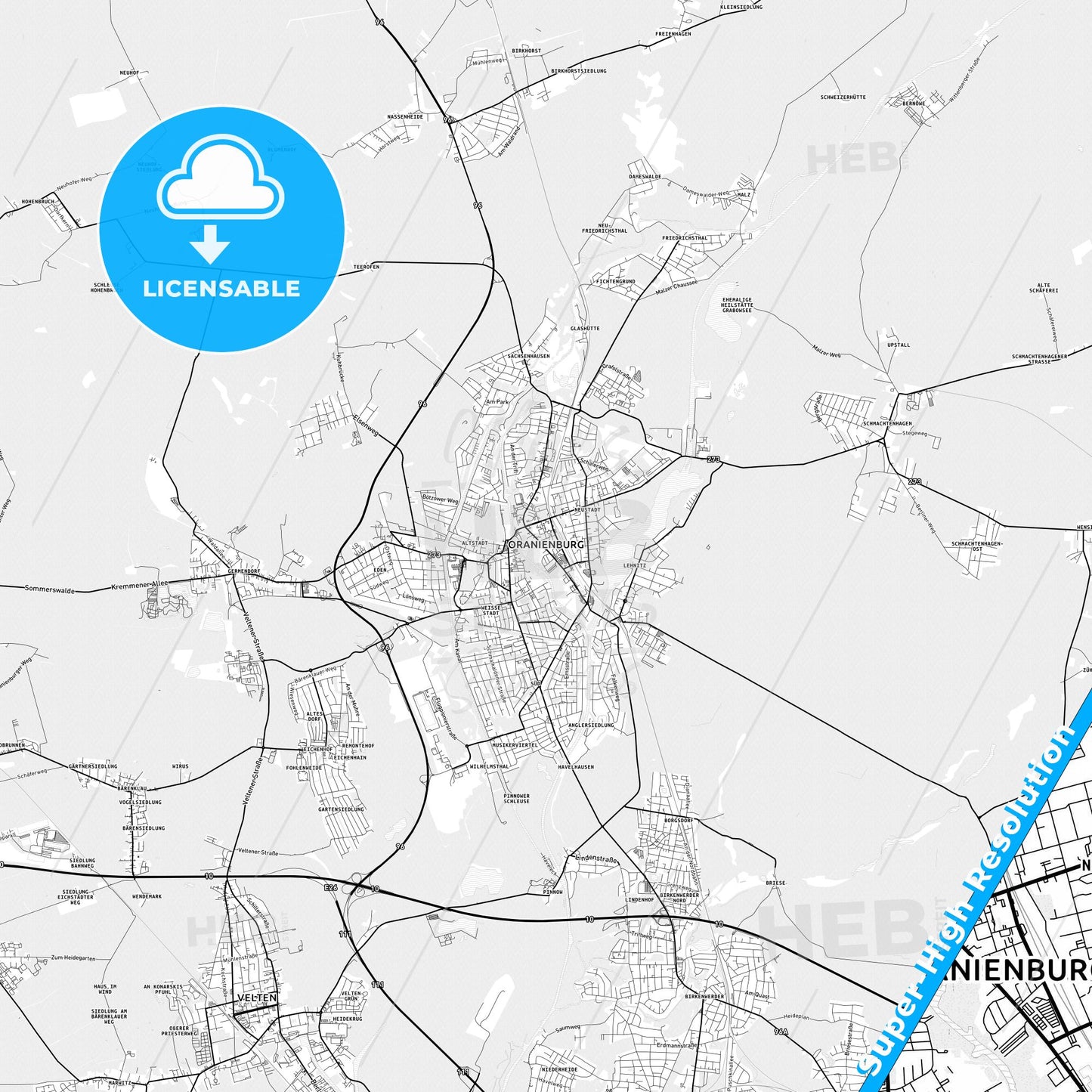 Oranienburg, Germany light map with streetnames, citynames and districts