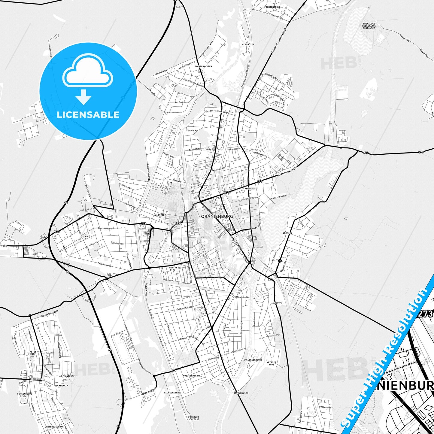 Oranienburg, Germany Light Map with Street Names, City Names, and Districts