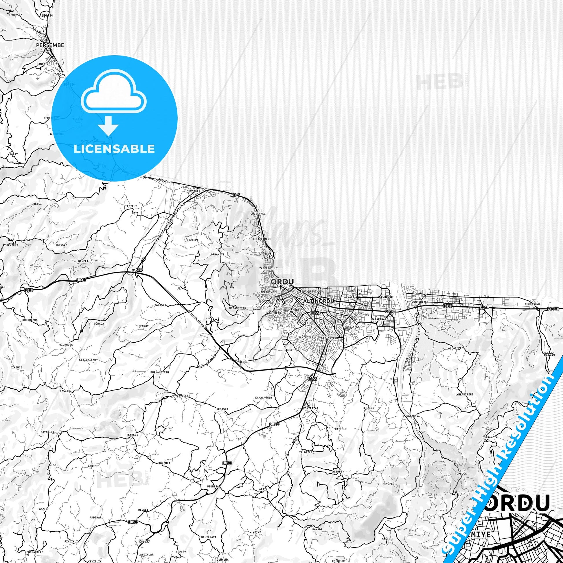 Ordu, Turkey light map with streetnames, citynames and districts