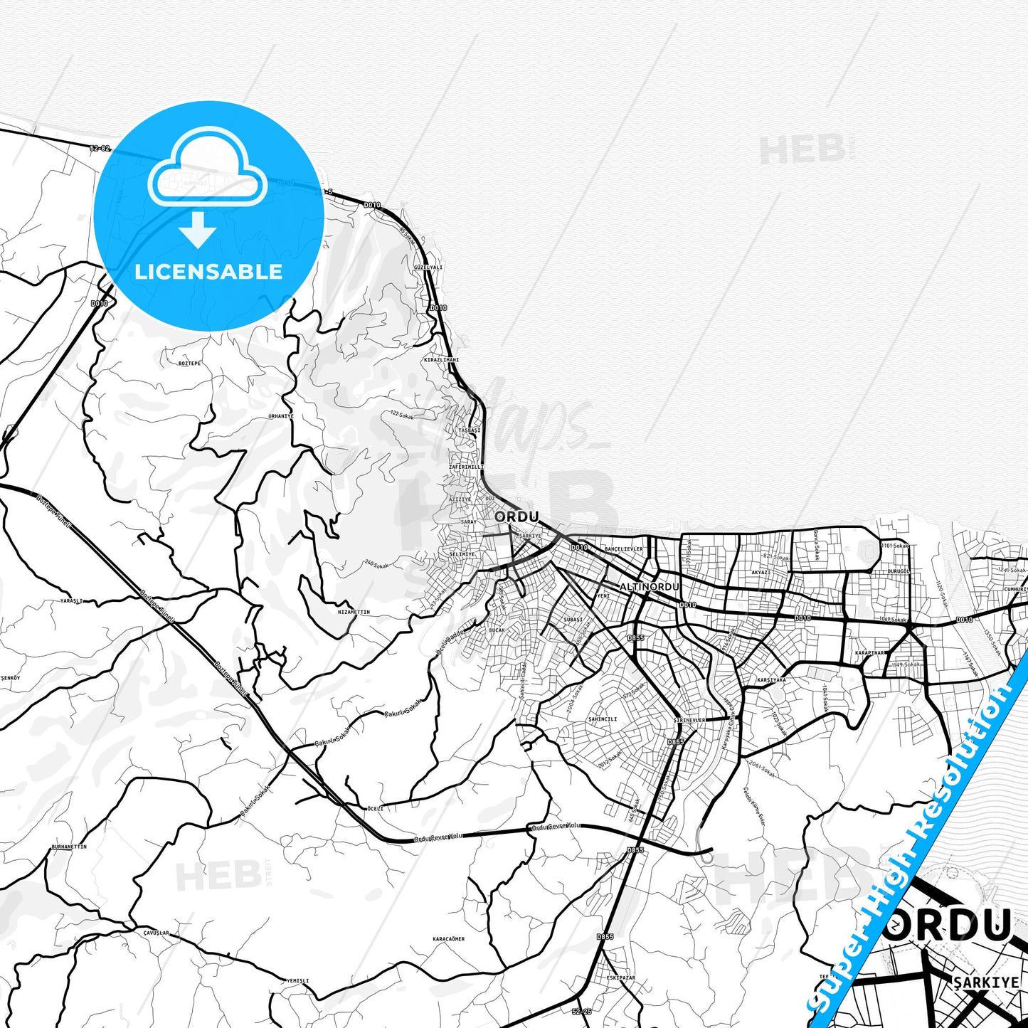 Ordu, Turkey Light Map with Street Names, City Names, and Districts