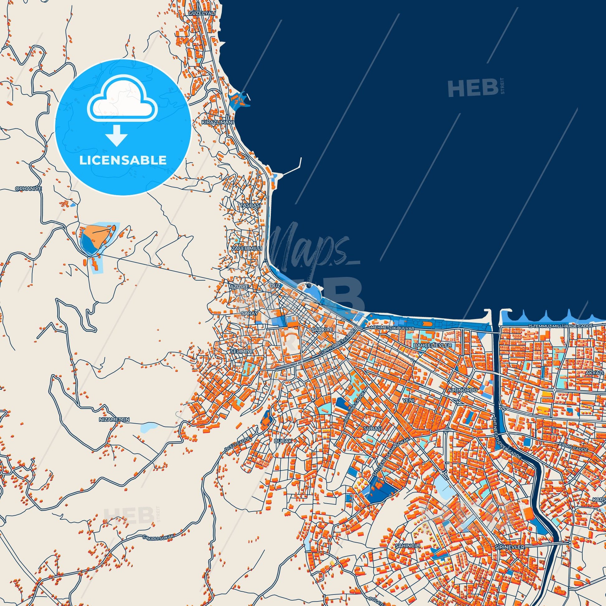 Colorful Ordu Street Map with Labels and Buildings