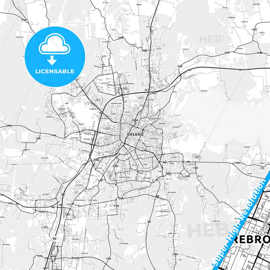 Örebro, Sweden light map with streetnames, citynames and districts