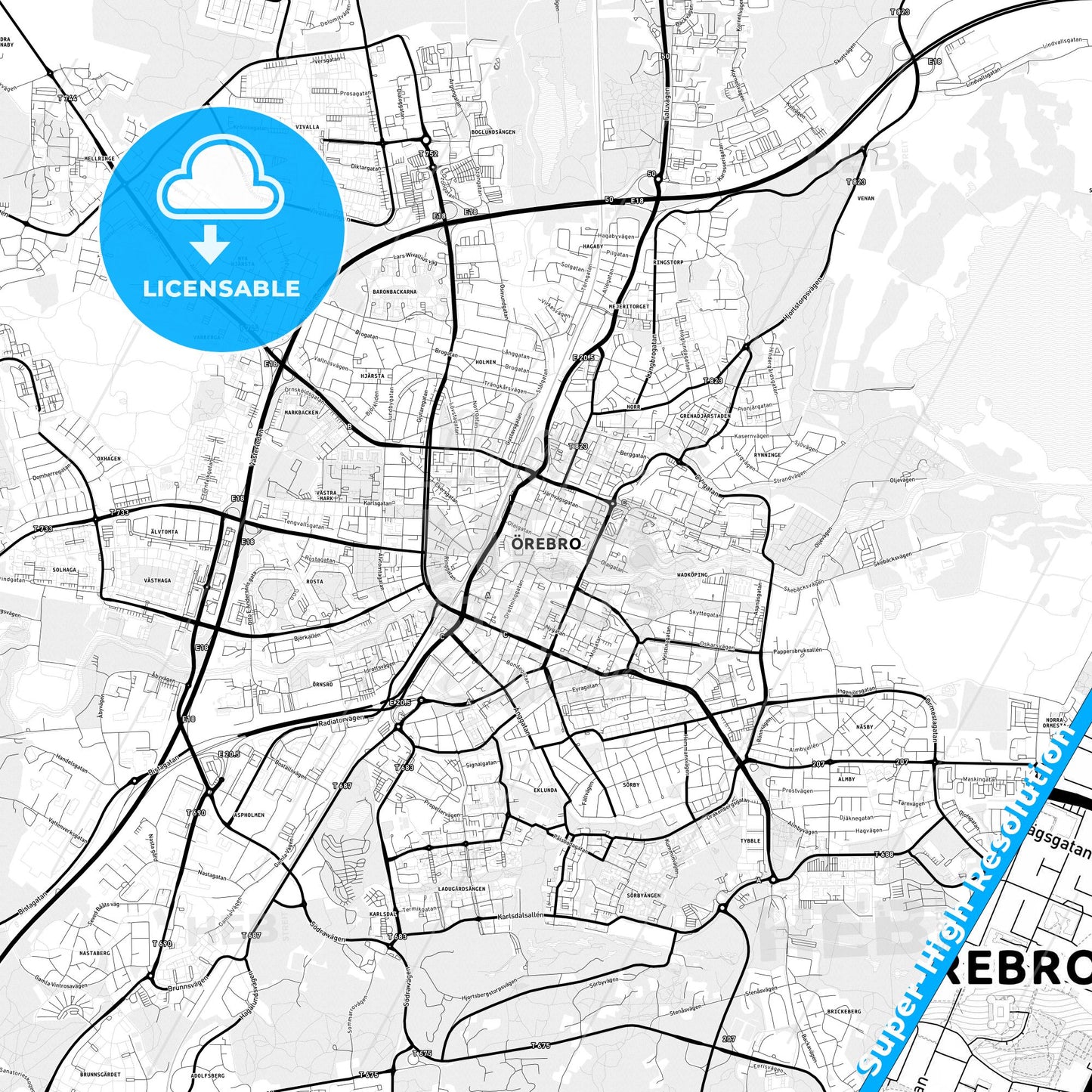 Örebro, Sweden Light Map with Street Names, City Names, and Districts