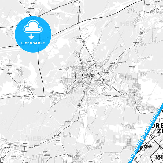 Orekhovo-Zuyevo, Russia light map with streetnames, citynames and districts