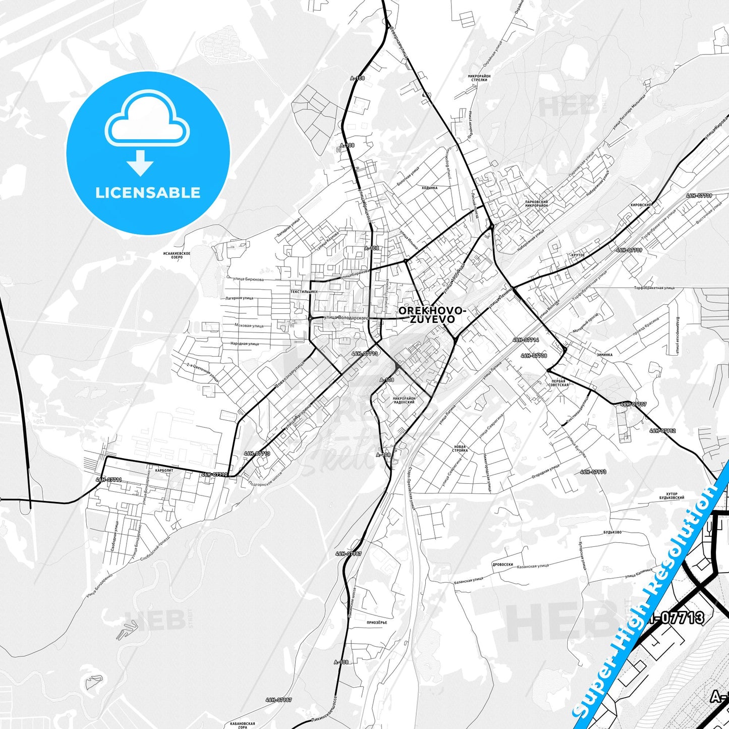 Orekhovo-Zuyevo, Russia Light Map with Street Names, City Names, and Districts