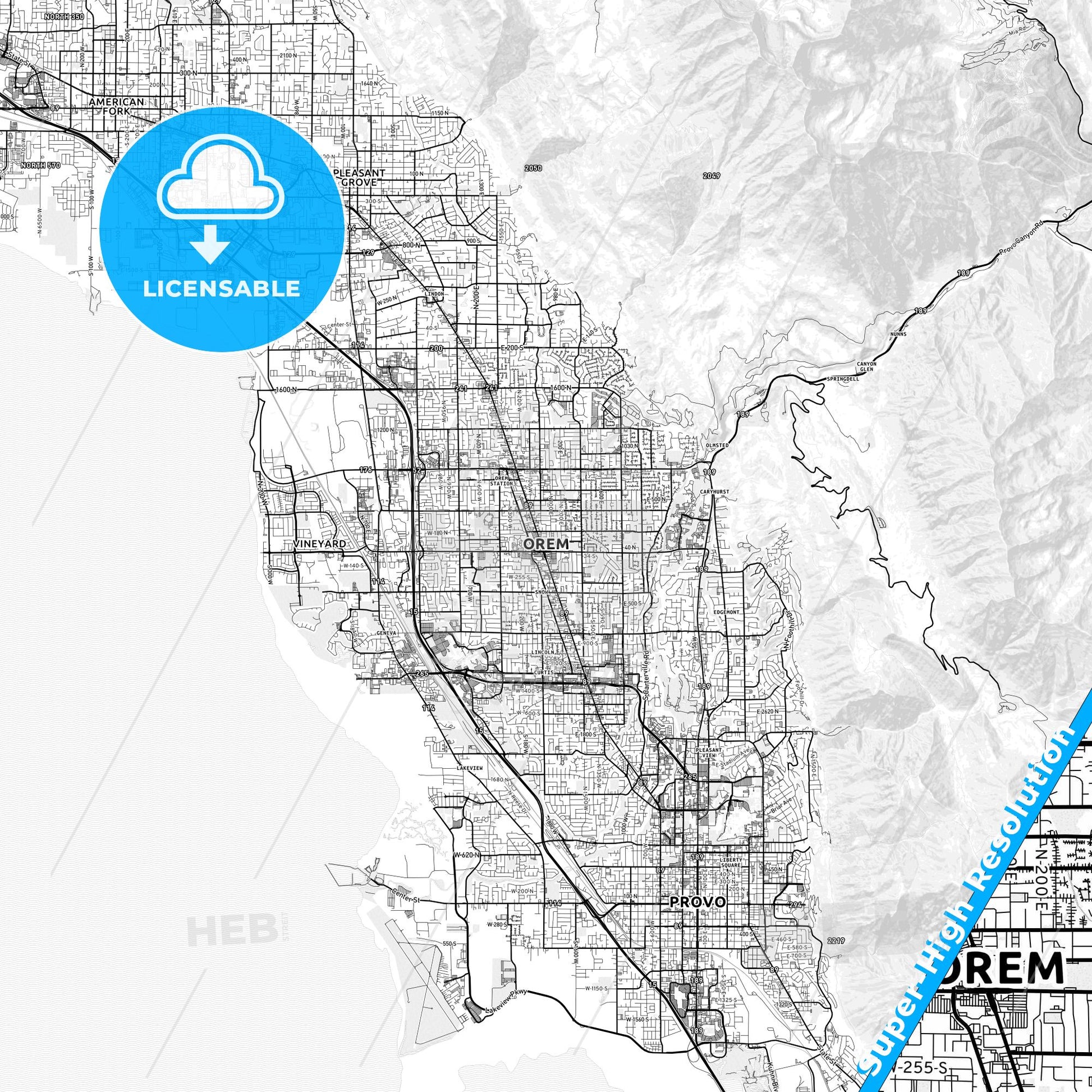Orem, Utah light map with streetnames, citynames and districts