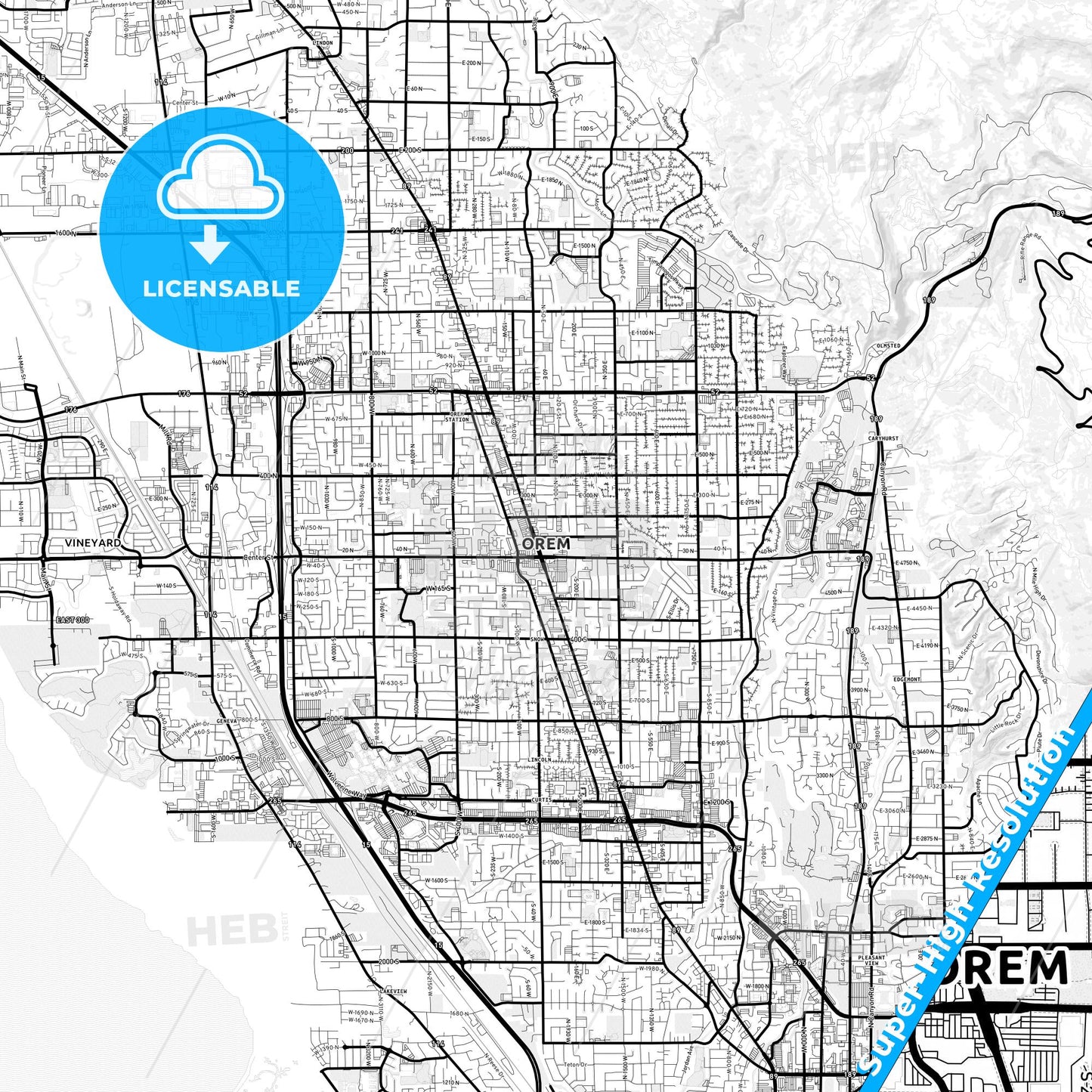 Orem, Utah Light Map with Street Names, City Names, and Districts