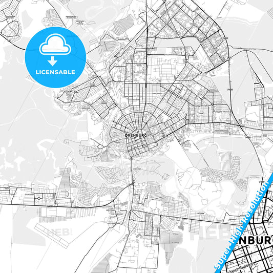 Orenburg, Russia light map with streetnames, citynames and districts
