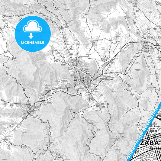 Orizaba, Mexico light map with streetnames, citynames and districts