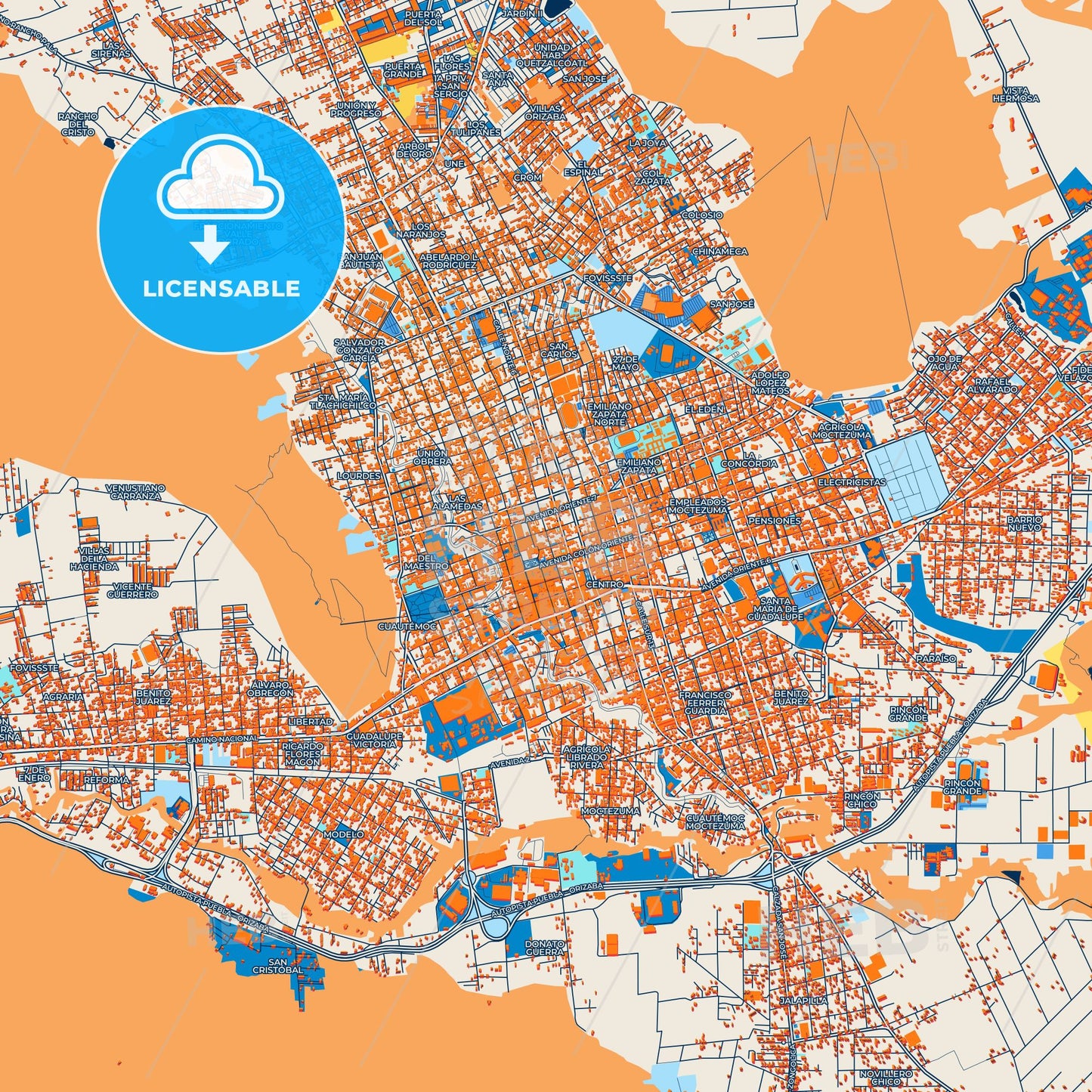 Colorful Orizaba Street Map with Labels and Buildings