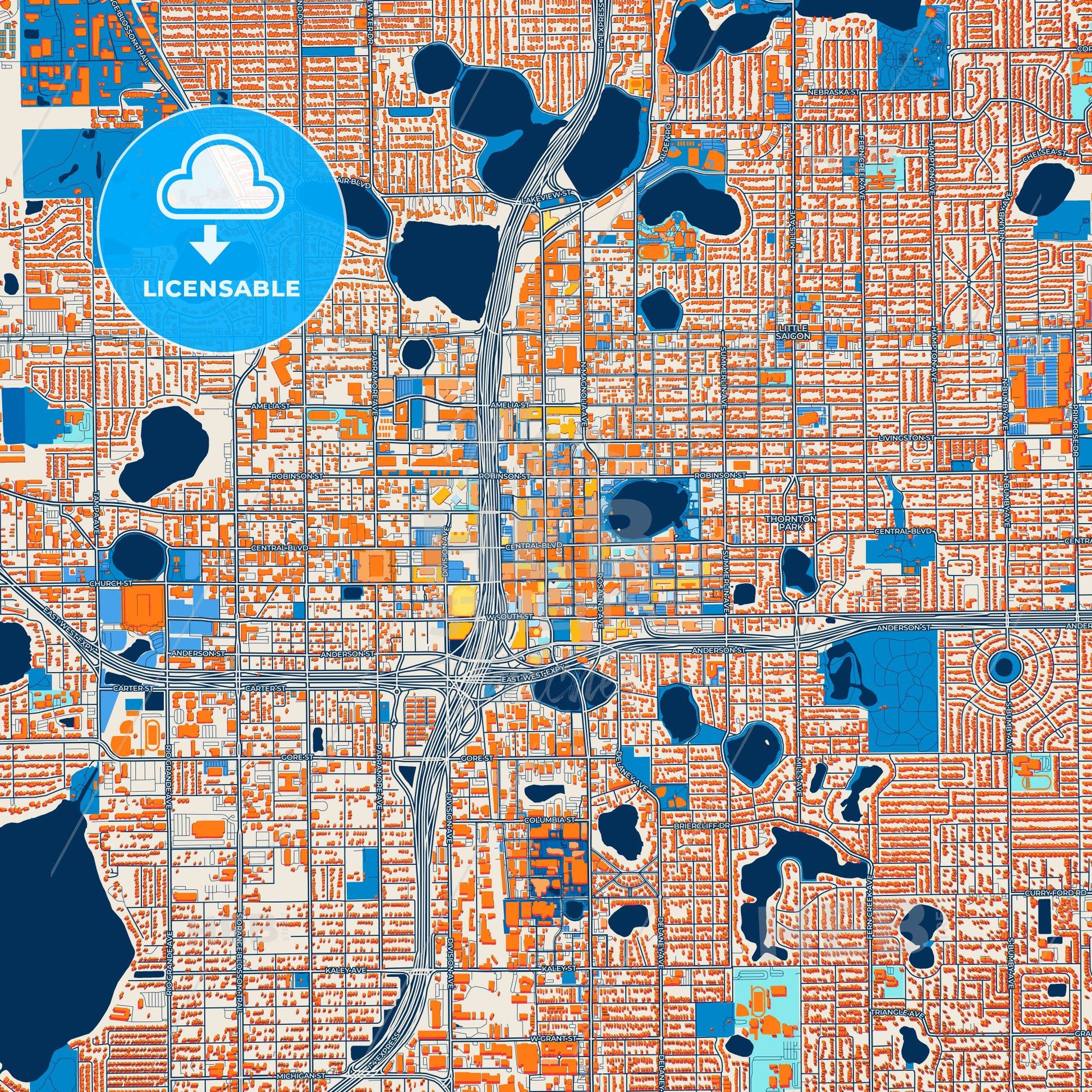 Colorful Orlando Street Map with Labels and Buildings