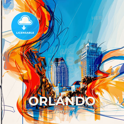 Vibrant Orlando, Florida - A Painting Of A City Street With Buildings And Trees - Square format print template