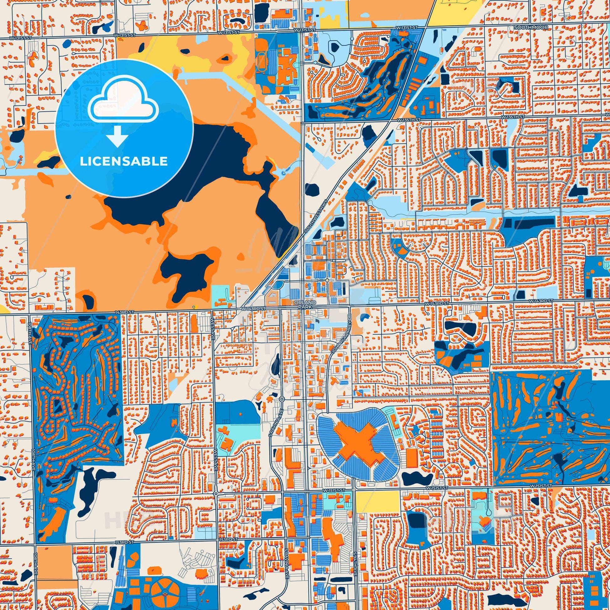 Colorful Orland Park Street Map with Labels and Buildings