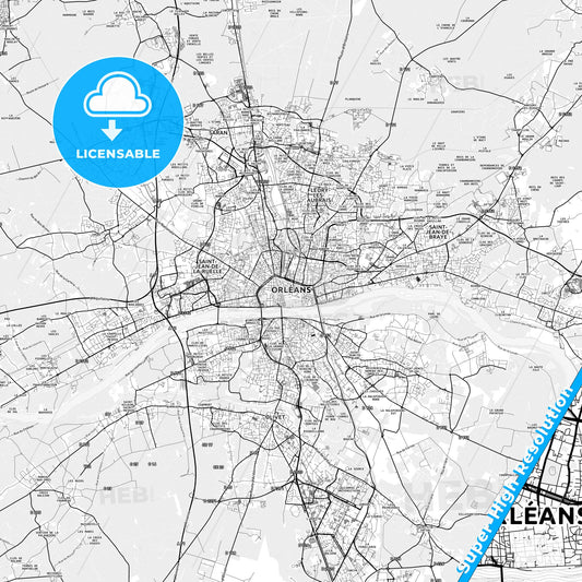 Orléans, France light map with streetnames, citynames and districts